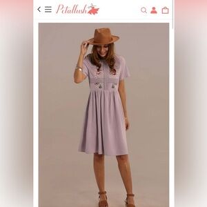 Petallush Short Sleeve Round Neck Gathered Waist Cotton Embroidered Midi Dress